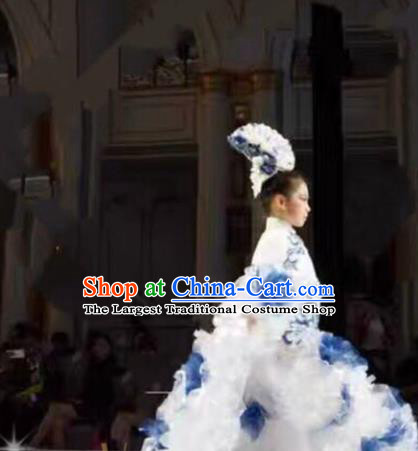 Chinese Compere Garment Costume Children Performance White Qipao Dress Stage Show Fashion Girl Catwalk Clothing