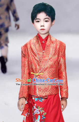 Top China Boys Stage Show Red Tang Suits Compere Garment Costumes Children Stage Performance Clothing Catwalks Prince Fashion