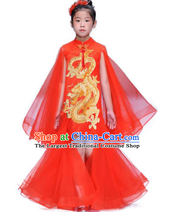 Chinese Girl Catwalk Cheongsam Clothing Compere Garment Costume Children Performance Red Qipao Dress Stage Show Fashion