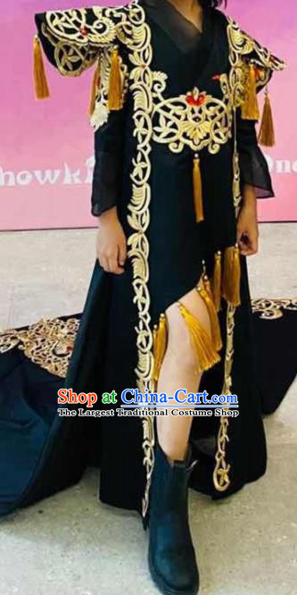 Chinese Girl Catwalk Clothing Chivalrous Garment Costume Children Kung Fu Performance Black Trailing Dress Stage Show Fashion