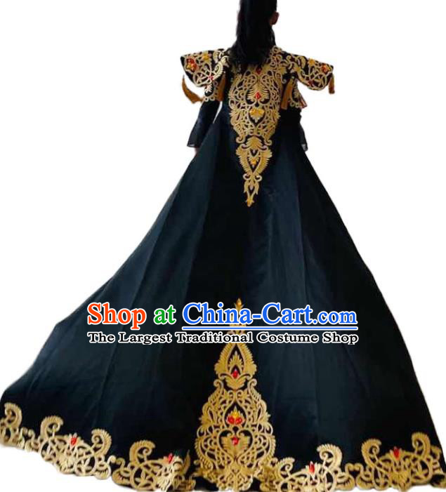 Chinese Girl Catwalk Clothing Chivalrous Garment Costume Children Kung Fu Performance Black Trailing Dress Stage Show Fashion