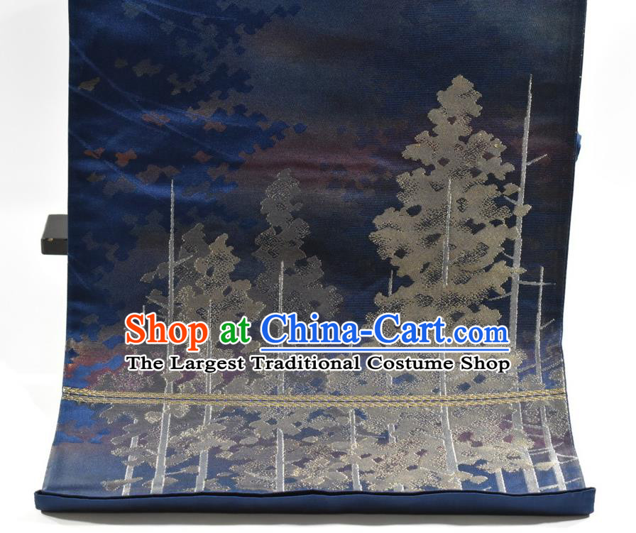 Japanese Traditional Yukata Robe Girdle Accessories Classical Trees Pattern Kimono Belt Handmade Nishijin Blue Brocade Waistband