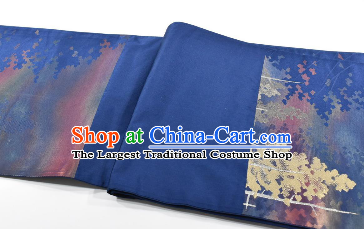 Japanese Traditional Yukata Robe Girdle Accessories Classical Trees Pattern Kimono Belt Handmade Nishijin Blue Brocade Waistband
