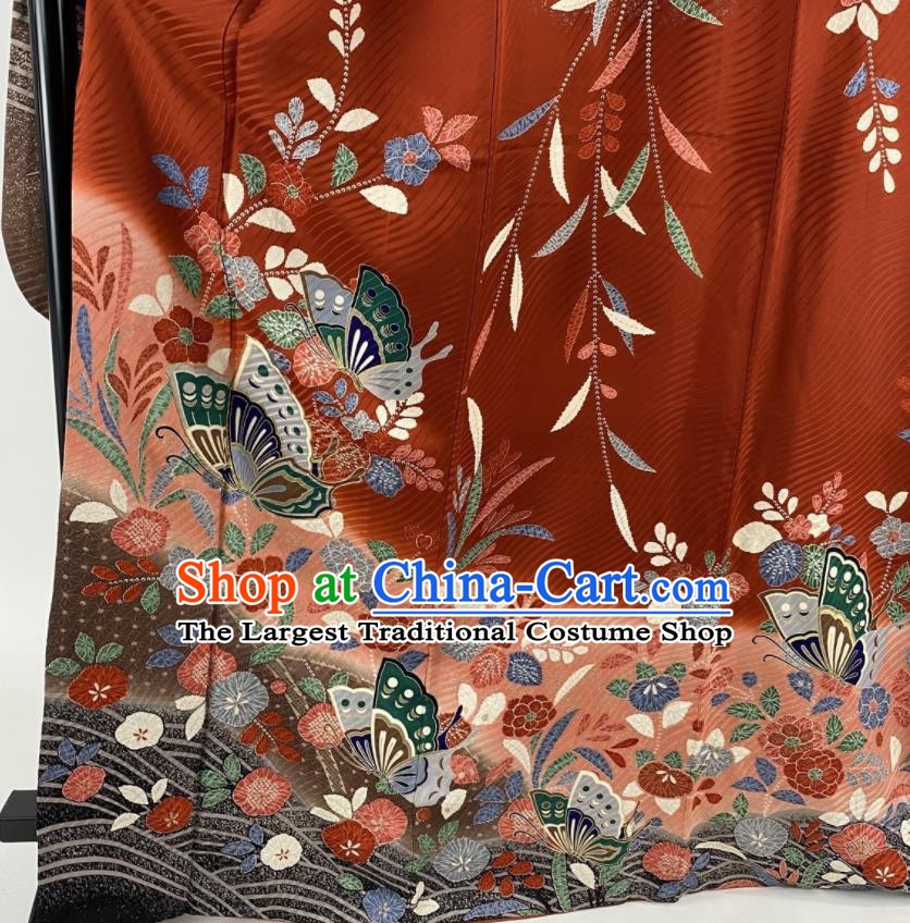 Japanese Traditional Summer Festival Clothing Classical Sakura Butterfly Pattern Furisode Kimono Costume Wedding Bride Yukata Dress