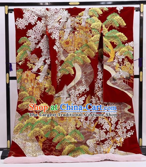 Japanese Wedding Bride Wine Red Yukata Dress Traditional Geisha Performance Clothing Classical Sakura Pine Pattern Uchikake Kimono Costume