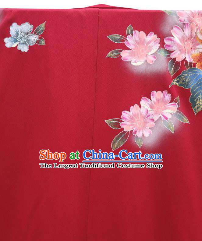 Japanese Classical Flowers Bird Pattern Furisode Kimono Costume Wedding Bride Wine Red Yukata Dress Traditional Geisha Performance Clothing