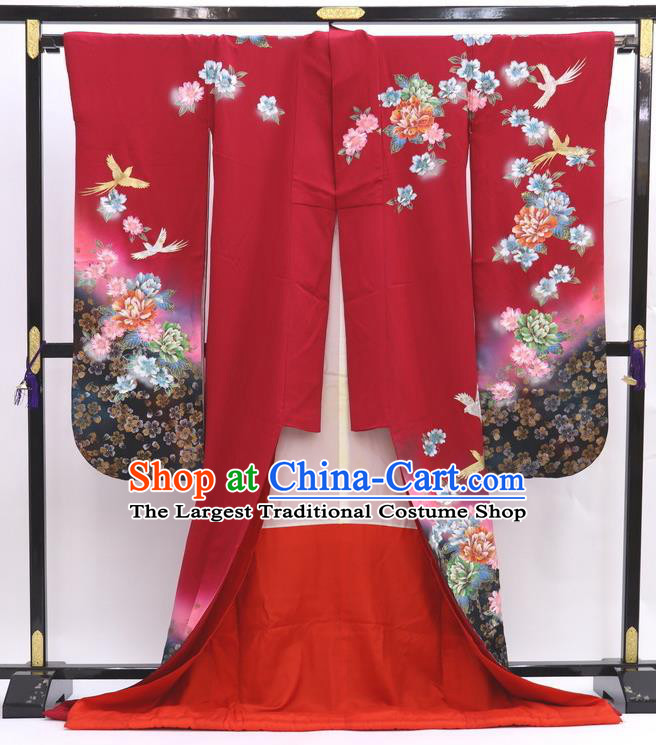 Japanese Classical Flowers Bird Pattern Furisode Kimono Costume Wedding Bride Wine Red Yukata Dress Traditional Geisha Performance Clothing