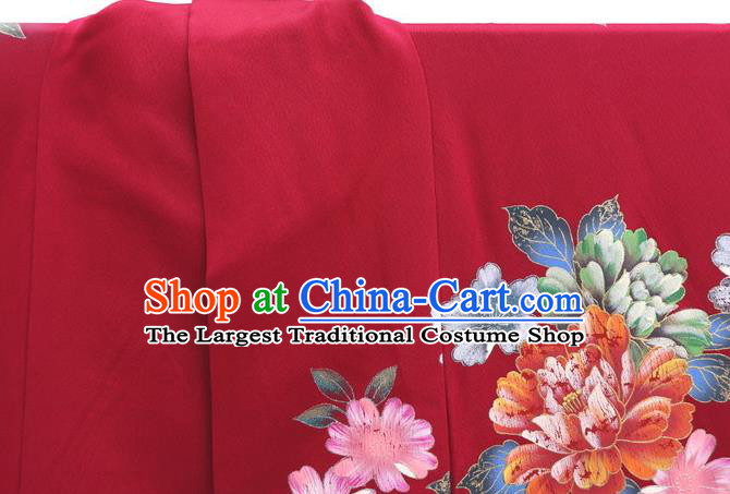 Japanese Classical Flowers Bird Pattern Furisode Kimono Costume Wedding Bride Wine Red Yukata Dress Traditional Geisha Performance Clothing