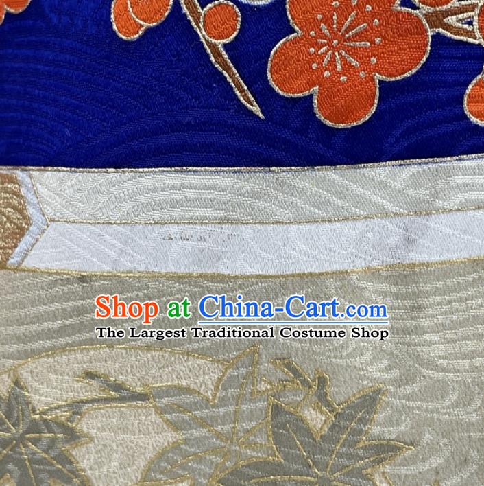 Japanese Traditional Festival Clothing Classical Peony Plum Pattern Furisode Kimono Costume Court Woman Royalblue Silk Yukata Dress
