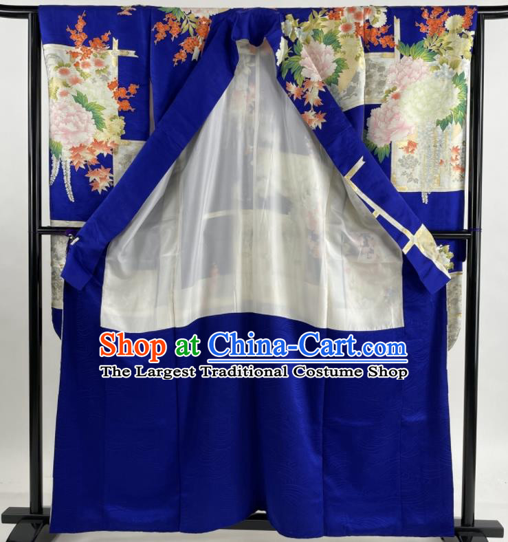 Japanese Traditional Festival Clothing Classical Peony Plum Pattern Furisode Kimono Costume Court Woman Royalblue Silk Yukata Dress