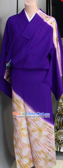 Japanese Classical Golden Pattern Tsukesage Kimono Costume Elderly Woman Purple Yukata Dress Traditional Festival Clothing
