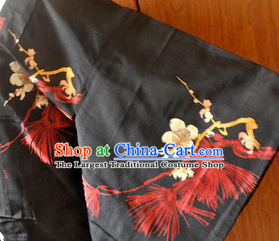 Japan Male Outer Garment Costume Traditional Black Silk Kimono Clothing Classical Plum Branch Pattern Yukata Jacket