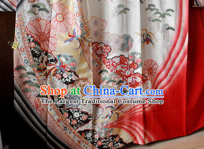 Japanese Classical Flowers Pattern Furisode Kimono Costume Young Woman Red Silk Yukata Dress Traditional Wedding Bride Clothing