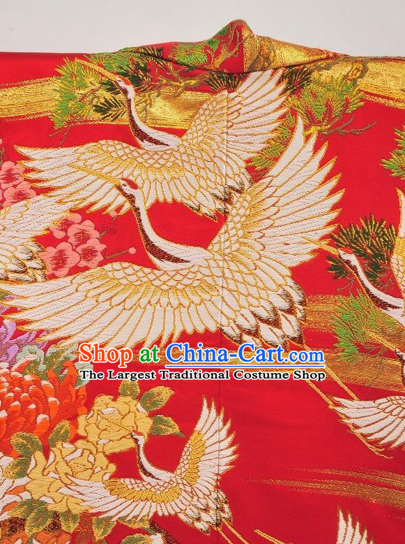 Japanese Traditional Wedding Bride Clothing Classical Cranes Pattern Uchikake Kimono Costume Young Woman Red Silk Yukata Dress