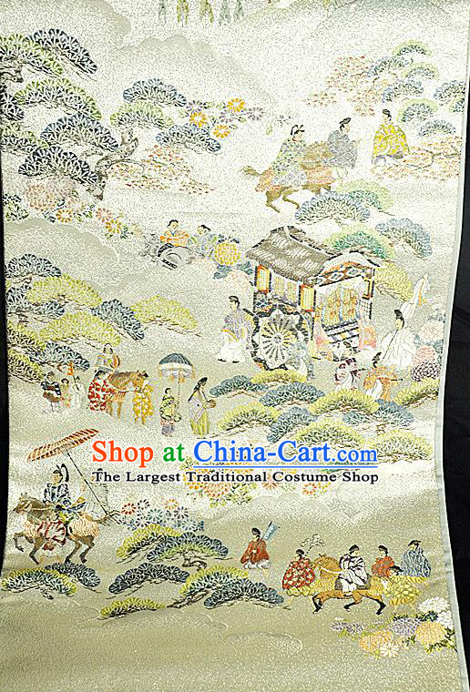 Japanese Handmade Kimono Nishijin Waistband Traditional Yukata Robe Girdle Accessories Classical Heian Pattern Light Golden Brocade Belt