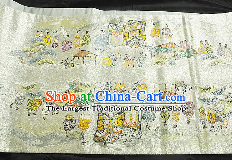 Japanese Handmade Kimono Nishijin Waistband Traditional Yukata Robe Girdle Accessories Classical Heian Pattern Light Golden Brocade Belt