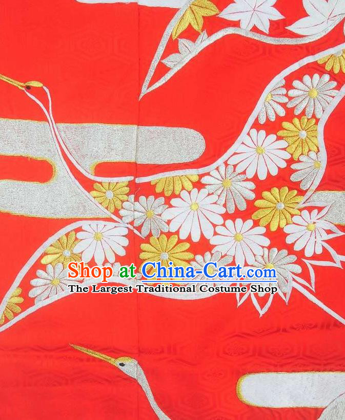 Japanese Traditional Court Princess Clothing Classical Cranes Pattern Furisode Kimono Costume Wedding Bride Red Yukata Dress