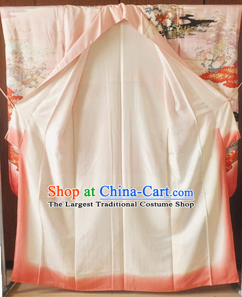 Japanese Classical Flowers Pattern Furisode Kimono Costume Wedding Bride Pink Silk Yukata Dress Traditional Court Princess Clothing