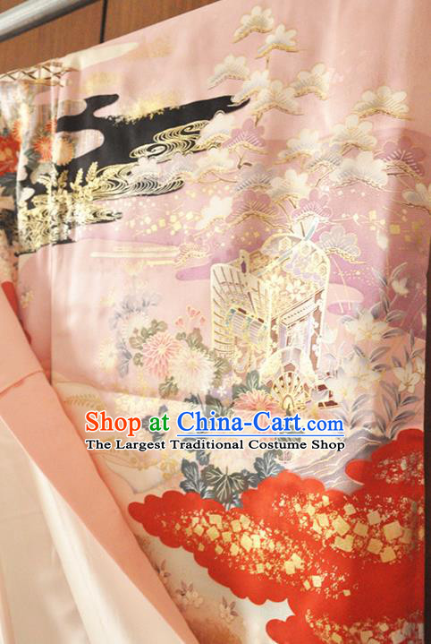 Japanese Classical Flowers Pattern Furisode Kimono Costume Wedding Bride Pink Silk Yukata Dress Traditional Court Princess Clothing
