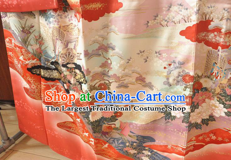 Japanese Classical Flowers Pattern Furisode Kimono Costume Wedding Bride Pink Silk Yukata Dress Traditional Court Princess Clothing