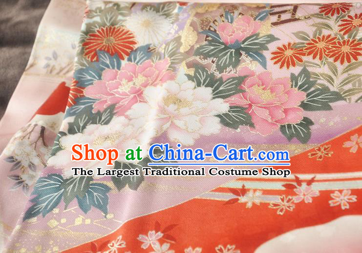 Japanese Classical Flowers Pattern Furisode Kimono Costume Wedding Bride Pink Silk Yukata Dress Traditional Court Princess Clothing