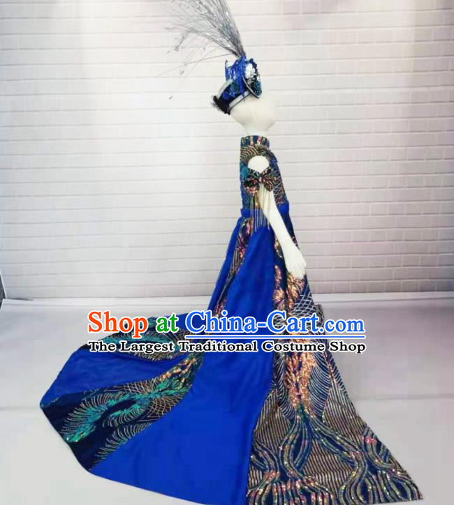 Custom Modern Dance Fashion Baroque Princess Clothing Girl Catwalks Garment Costumes Stage Show Royalblue Trailing Full Dress