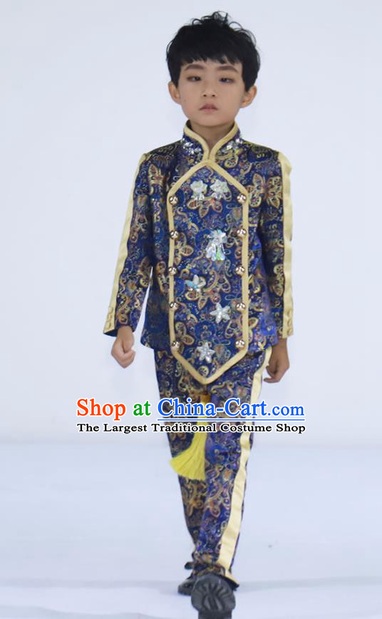 Top Baby Compere Garment Costumes Children Performance Western Clothing Catwalks Fashion Boys Stage Show Blue Brocade Suits