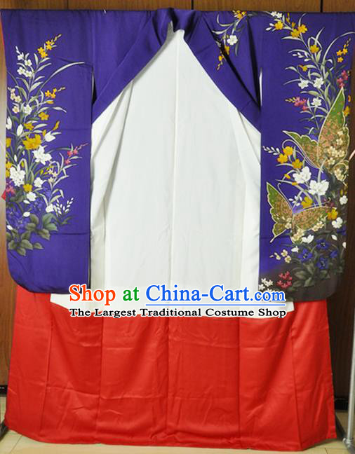 Japanese Wedding Bride Deep Purple Yukata Dress Traditional Court Princess Clothing Classical Butterfly Flowers Pattern Furisode Kimono Costume