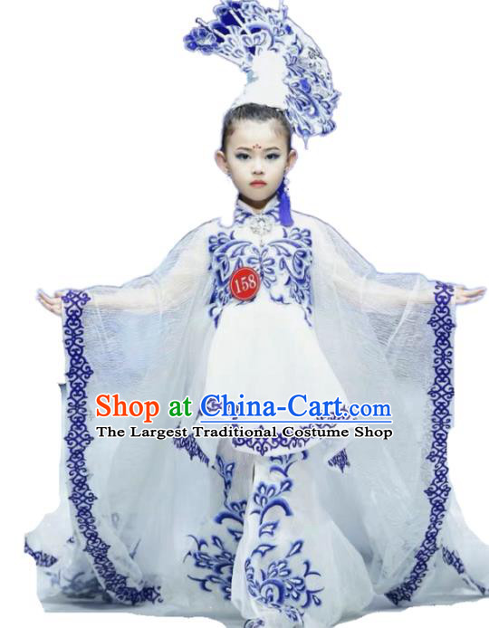 Chinese Zither Performance Garment Costume Children Compere White Full Dress Stage Show Fashion Girl Catwalk Clothing