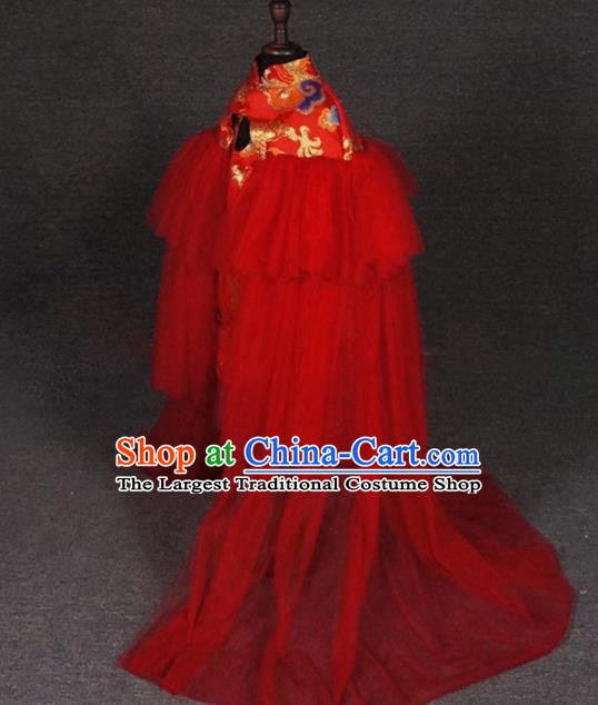 Chinese Girl Catwalk Clothing Zither Performance Garment Costume Children Compere Red Qipao Dress Stage Show Fashion
