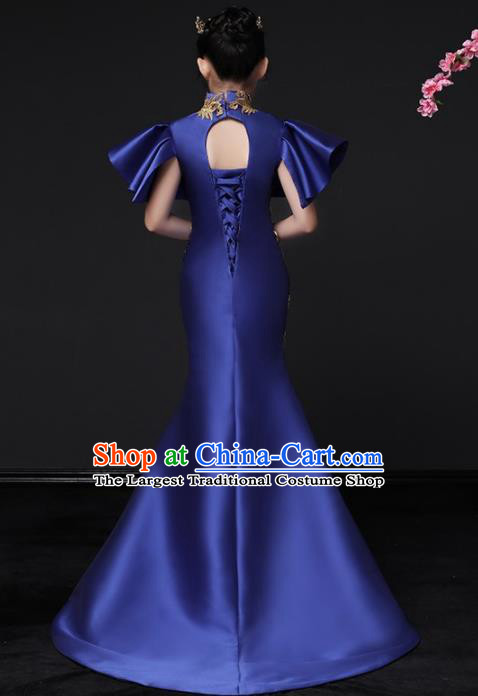 Chinese Classical Dance Garment Costume Children Compere Royalblue Full Dress Stage Show Fashion Girl Catwalk Embroidered Phoenix Clothing