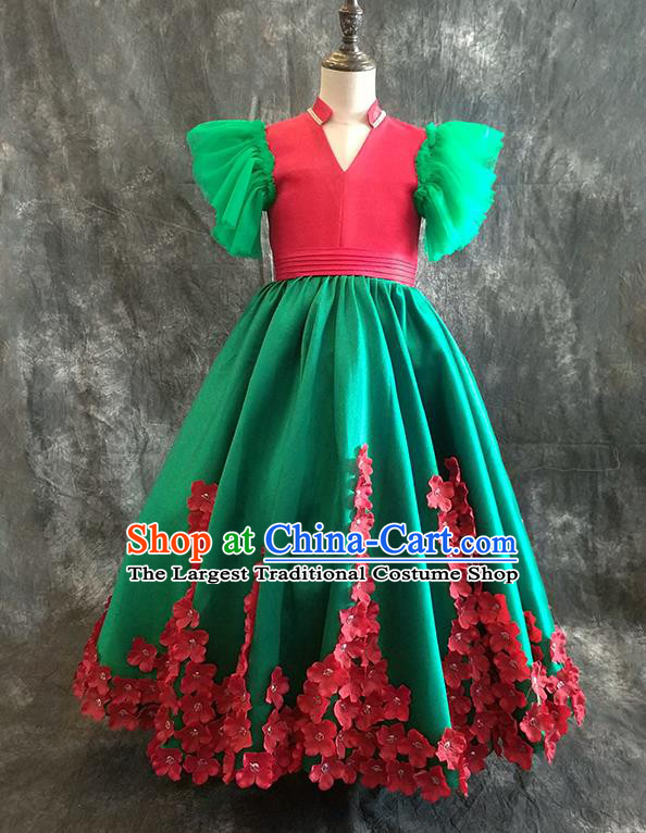 Chinese Girl Catwalk Embroidered Phoenix Clothing Classical Dance Garment Costume Children Compere Green Full Dress Stage Show Fashion