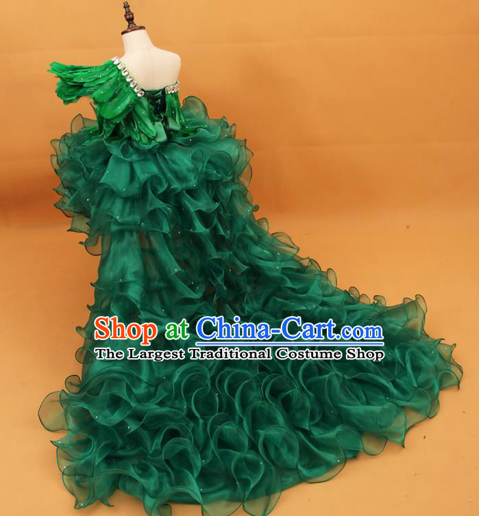 Custom Girl Princess Feather Fashion Piano Recital Clothing Children Catwalks Garment Costume Christmas Performance Green Trailing Full Dress