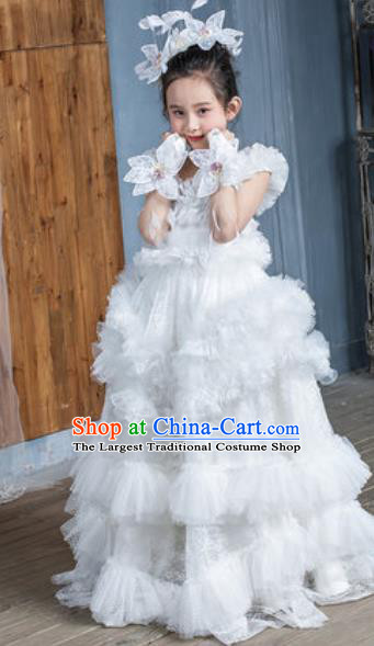 Custom Baroque Princess White Veil Full Dress Girl Piano Recital Fashion Modern Dance Clothing Children Catwalks Garment Costume