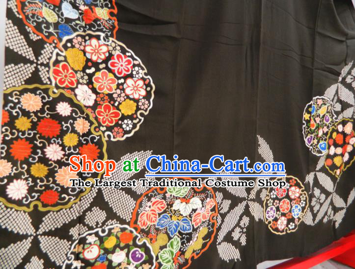 Japanese Traditional Ceremony Garment Costume Married Woman Black Yukata Dress Classical Petunia Pattern Kurotomesode Kimono Clothing