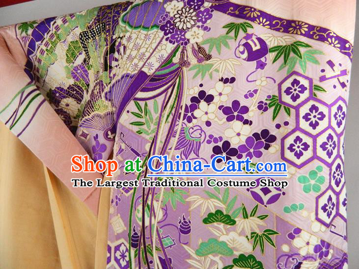 Japanese Classical Flowers Fan Pattern Pink Yukata Dress Traditional Furisode Kimono Clothing Festival Young Woman Garment Costume
