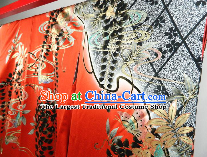 Japanese Traditional Wedding Furisode Kimono Clothing Summer Festival Garment Costume Classical Wisteria Pattern Red Yukata Dress