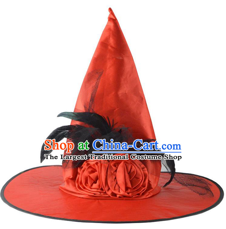 Handmade Drama Performance Peaked Cap Halloween Headdress Dance Party Red Hat Cosplay Witch Feather Headwear