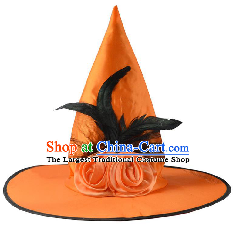 Handmade Cosplay Witch Feather Headwear Drama Performance Peaked Cap Halloween Headdress Dance Party Orange Hat