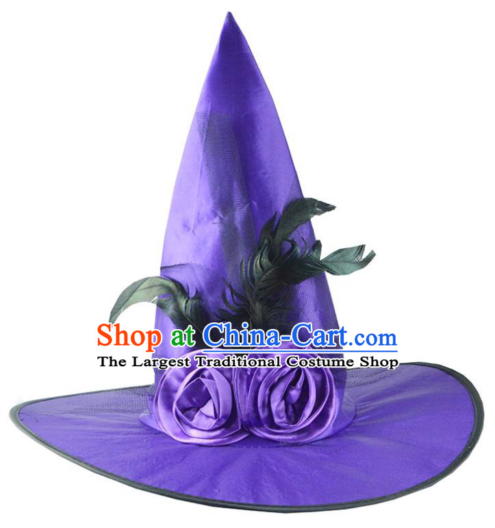 Handmade Dance Party Purple Hat Cosplay Witch Feather Headwear Drama Performance Peaked Cap Halloween Headdress