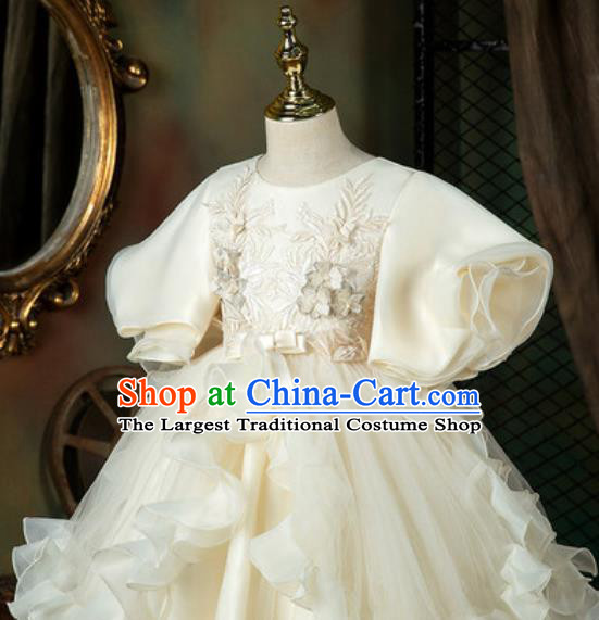 Custom European Girl Princess Fashion Modern Dance Clothing Children Catwalks Garment Costume Piano Recital Beige Trailing Full Dress