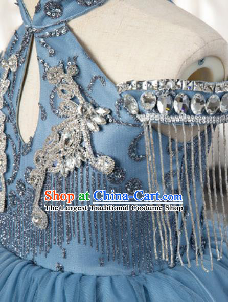 Custom Piano Recital Blue Trailing Full Dress European Girl Princess Fashion Modern Dance Clothing Children Catwalks Garment Costume