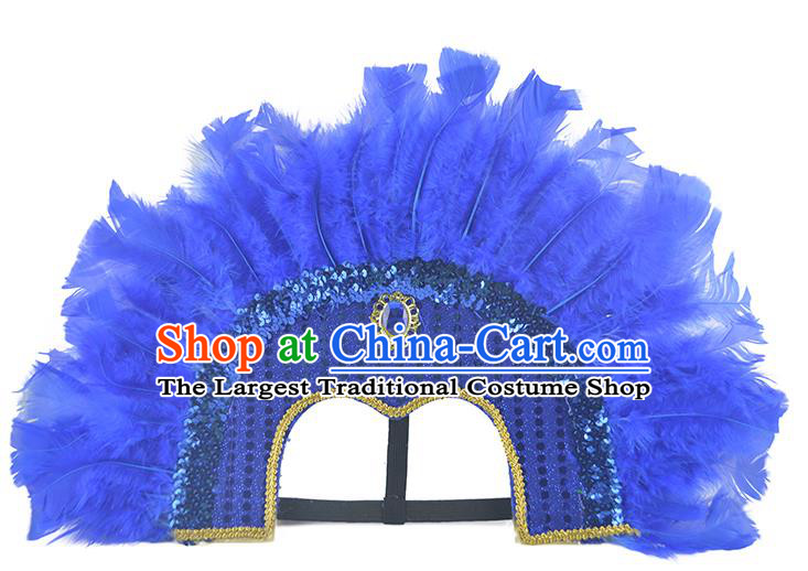Professional Apache Wild Man Headdress Halloween Cosplay Royalblue Feather Hat Samba Dance Hair Accessories Tribal Chief Headwear