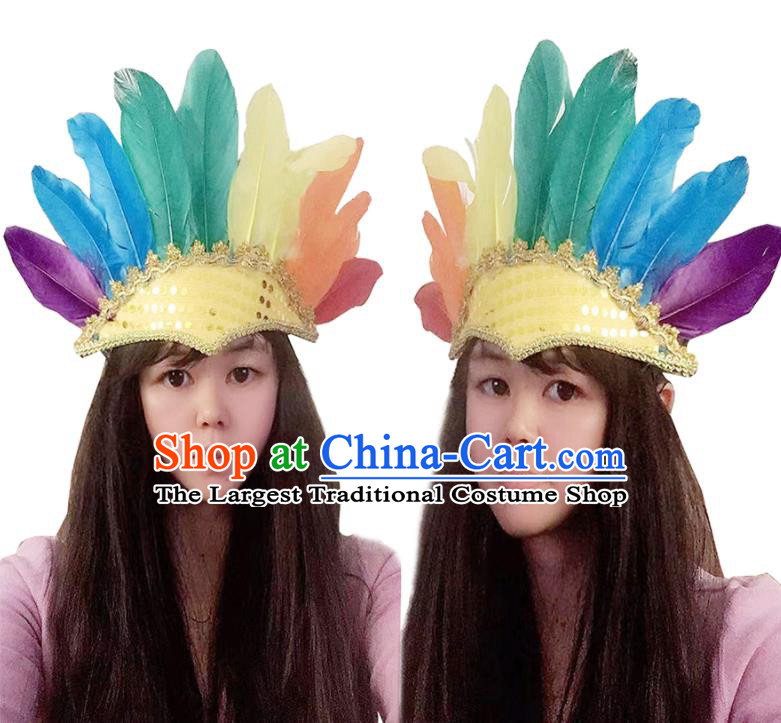 Professional Samba Dance Hair Accessories Tribal Chief Headwear Apache Wild Man Headdress Halloween Cosplay Colorful Feather Hat
