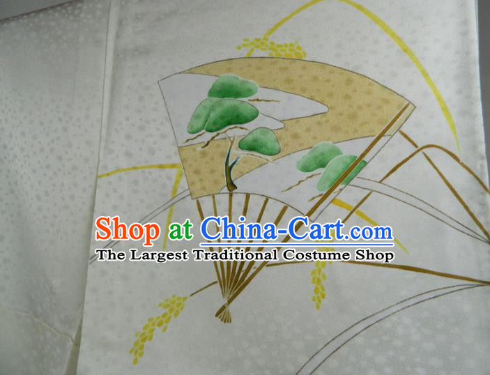 Japanese Young Woman White Silk Yukata Dress Classical Fans Pattern Tsukesage Kimono Clothing Traditional Festival Garment Costume