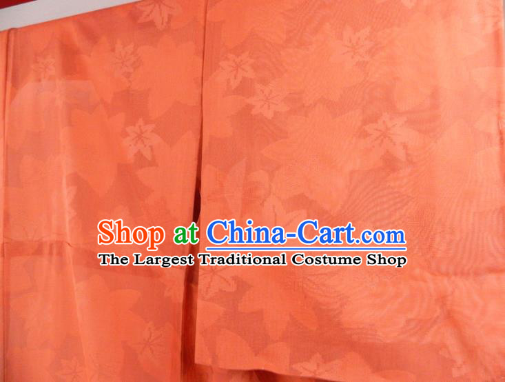 Japanese Traditional Festival Garment Costume Young Woman Orange Silk Yukata Dress Classical Maple Leaf Pattern Iromuji Kimono Clothing