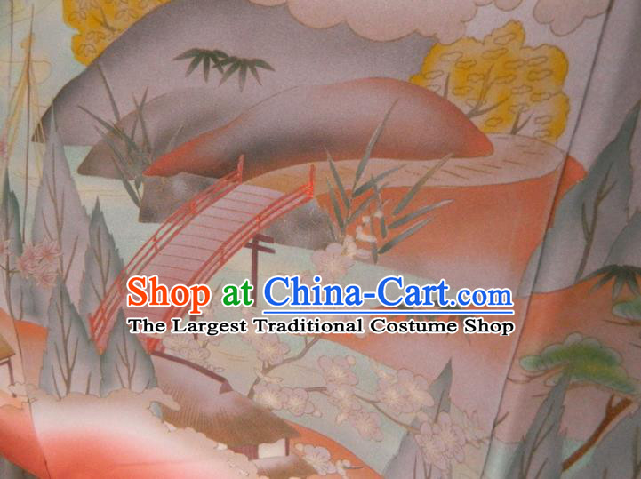 Japanese Traditional Festival Garment Costume Young Woman Printing Red Yukata Dress Classical Landscape Pattern Tsukesage Kimono Clothing
