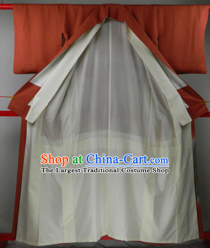 Japanese Traditional Festival Garment Costume Young Woman Printing Red Yukata Dress Classical Landscape Pattern Tsukesage Kimono Clothing