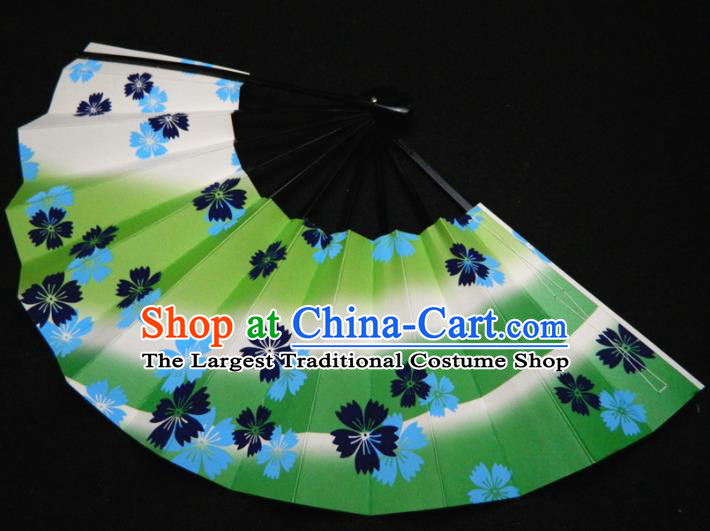 Japan Traditional Stage Performance Fan Handmade Craft Fans Kimono Printing Sakura Green Accordion Geisha Dance Folding Fan
