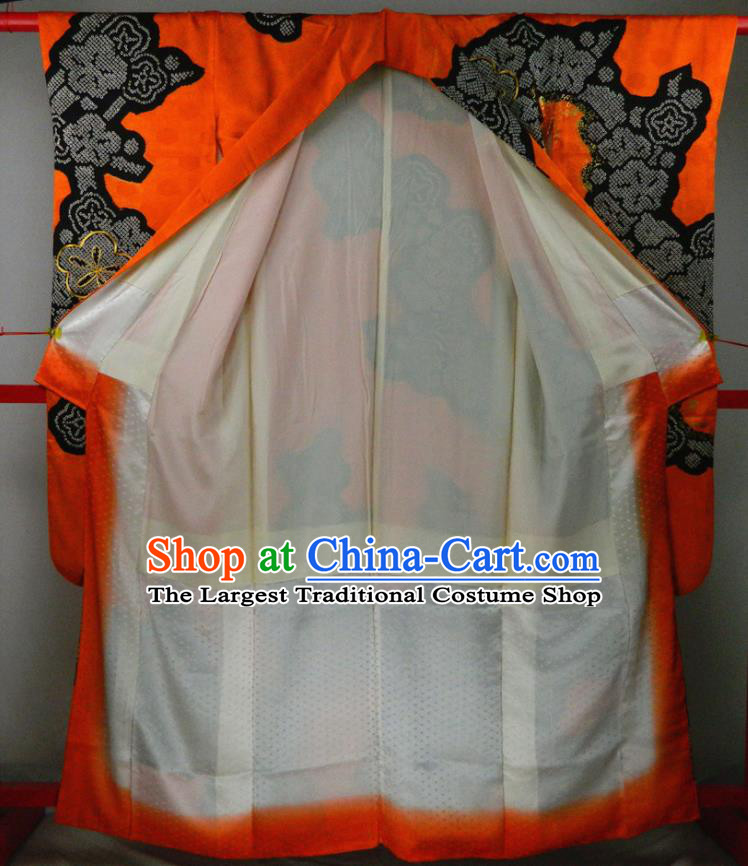 Japanese Court Woman Orange Yukata Dress Classical Plum Blossom Pattern Furisode Kimono Clothing Traditional Wedding Garment Costume